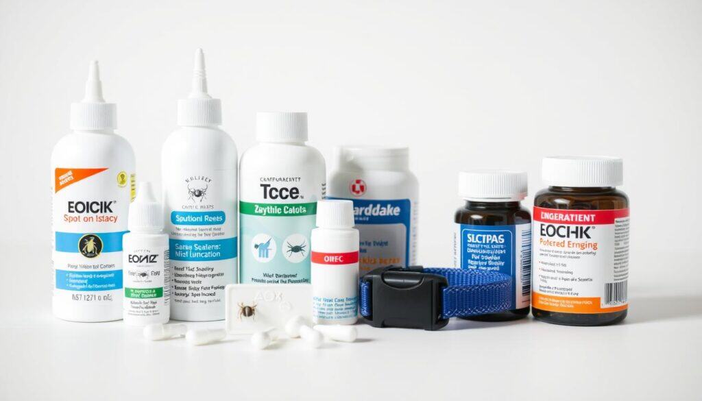 A close-up photograph of various tick treatment products for cats, including topical spot-on solutions, collars, and oral medications, arranged neatly on a clean, white background. The lighting is soft and diffused, creating an even, well-lit scene that highlights the details of the products. The angle is slightly elevated, providing a clear, unobstructed view of the items. The overall mood is informative and clinical, with a focus on the efficacy and safety of the tick treatments for feline companions.