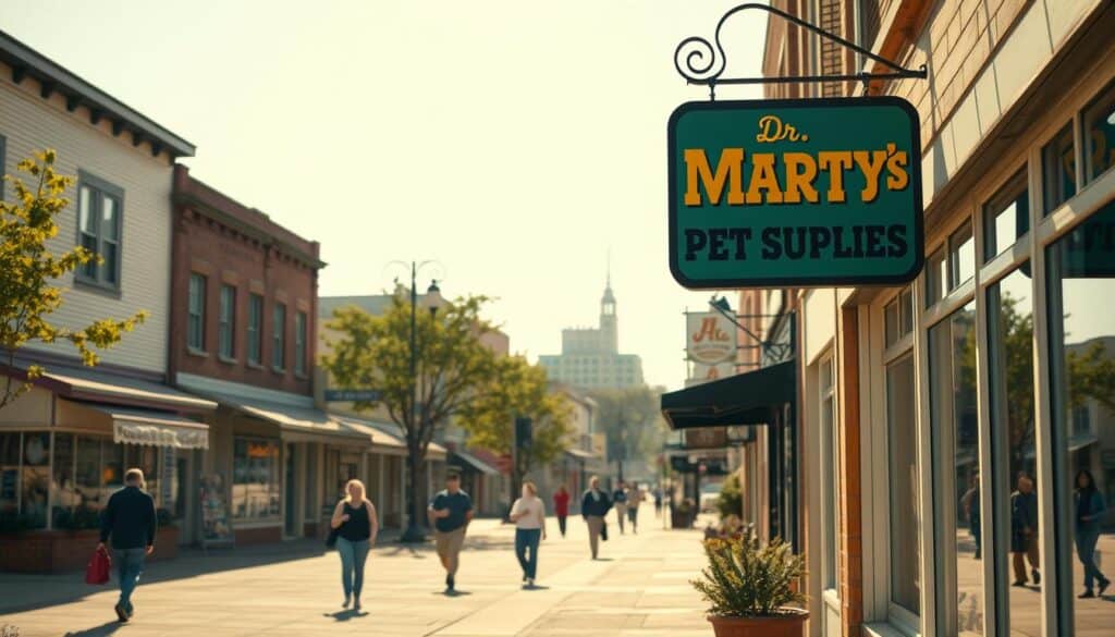A cozy neighborhood street on a sunny day, with a variety of local shops and businesses lining the sidewalks. In the foreground, a prominent sign for "Dr. Marty's Pet Supplies" catches the eye, its vibrant colors and inviting storefront design drawing the viewer's attention. Pedestrians stroll along the sidewalk, their casual movements adding a sense of life and activity to the scene. The middle ground features other storefronts, each with their own unique character and architectural styles, creating a visually interesting and diverse streetscape. In the background, a few trees and buildings blend seamlessly into the hazy, warm atmosphere, conveying a sense of tranquility and community. The overall composition and lighting evoke a welcoming, friendly, and easily navigable environment for finding Dr. Marty's dog food nearby.