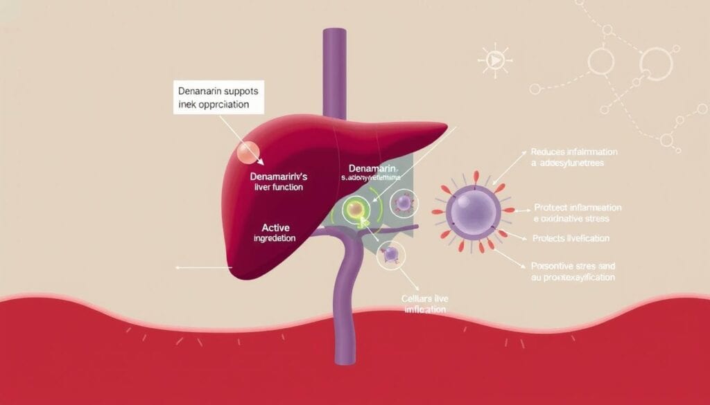 A detailed cross-section illustration of the internal workings of Denamarin, a liver supplement for dogs. In the foreground, a simplified anatomical diagram showcases the liver, with Denamarin's active ingredients - silybin and s-adenosylmethionine - being absorbed and metabolized. The middle ground depicts the cellular-level processes, highlighting how Denamarin supports liver function by reducing inflammation, protecting against oxidative stress, and promoting detoxification. The background features a soft, muted color palette, with subtle technical diagrams and molecular structures to convey the scientific nature of the subject. Realistic textures, clean lines, and a balanced composition create a visually informative and aesthetically pleasing image.