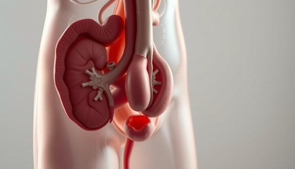 A detailed cross-section of the human urinary tract, showcasing the intricate network of ducts, bladder, and kidneys. The image should be rendered in a clean, anatomical style with muted colors, allowing the viewer to clearly understand the structure and function of this essential system. Soft lighting from the side illuminates the delicate tubular structures, while a depth-of-field effect gently blurs the background, keeping the focus on the central elements. The overall tone should convey a sense of medical precision and educational purpose, suitable for inclusion in a professional article on urinary health.