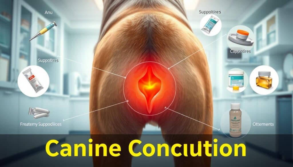 A detailed, high-quality medical illustration depicting the step-by-step treatment of a canine anal condition. The foreground shows a dog's hindquarters with the anus in clear focus, highlighting the affected area. The middle ground depicts various medical instruments and treatments, such as suppositories, creams, and ointments. The background features a clean, sterile environment with medical cabinets and equipment, conveying a professional, clinical atmosphere. The lighting is soft and diffused, creating a soothing, educational mood. The image should be rendered with a realistic, detailed style using a high-resolution lens to capture the intricate anatomical details.