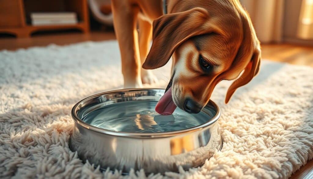 A dog lapping from a clean, shiny metal bowl filled with fresh, crystal-clear water set on a soft, plush rug in a cozy, well-lit room. The dog's tongue is extended, lapping eagerly as it rehydrates. Warm, golden lighting from a nearby window casts a gentle glow, highlighting the dog's sleek, healthy coat. The image conveys a sense of comfort, care, and the importance of proper hydration for a dog's well-being.
