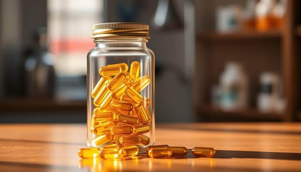 A glass jar filled with golden-colored urinary health supplement capsules, resting on a wooden surface. The jar is illuminated by warm, natural lighting, casting soft shadows and highlights. The capsules are arranged in an orderly, symmetrical pattern, conveying a sense of balance and purity. In the background, a blurred, out-of-focus medical or pharmaceutical setting, hinting at the product's purpose. The overall mood is one of professionalism, quality, and the benefits of maintaining canine urinary tract health.