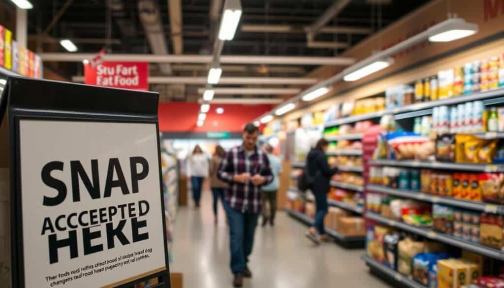 A modern grocery store interior, well-lit and inviting. In the foreground, a signage displays "SNAP Accepted Here" in bold letters, drawing attention to the store's acceptance of food stamps. In the middle ground, customers peruse the aisles, some holding SNAP-eligible items like canned goods and fresh produce. The background features a variety of merchandise, including dog food and supplies, hinting at the store's diverse offerings. The scene conveys a sense of inclusivity and accessibility, reflecting the section's focus on where food stamp recipients can purchase dog food.