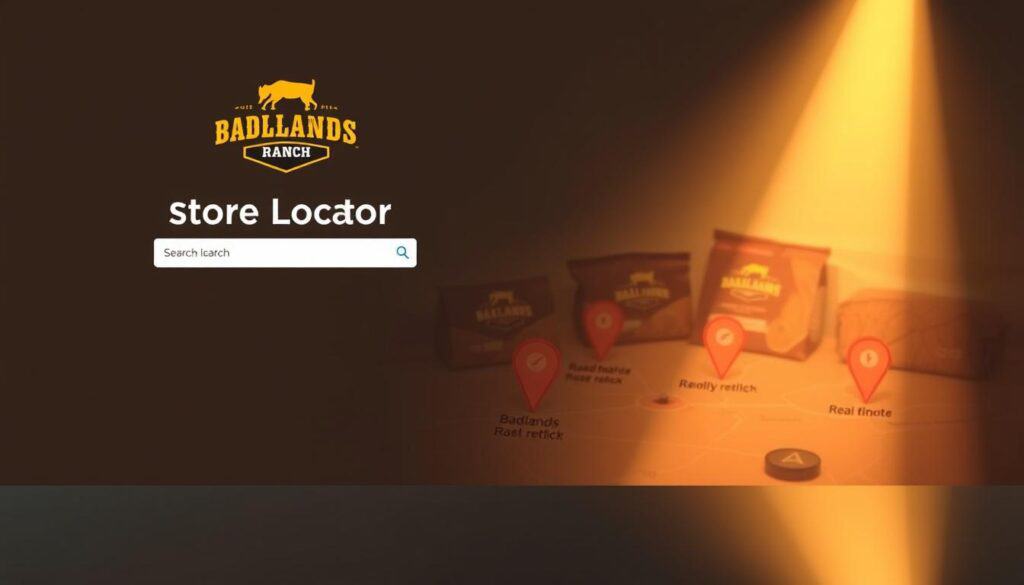 A modern, sleek store locator interface showcasing the Badlands Ranch dog food brand. The foreground features a clean, minimalist design with a search bar, location pin icons, and product images. The middle ground depicts a map with markers indicating nearby retailers carrying Badlands Ranch. The background evokes a natural, earthy ambiance with hints of the Badlands landscape, evoking the brand's rugged, outdoor-inspired aesthetic. Warm, directional lighting casts a soft glow, creating a welcoming and informative user experience. The overall composition and attention to detail convey a sense of utility and brand integrity, inviting the viewer to easily find Badlands Ranch dog food in their local area.