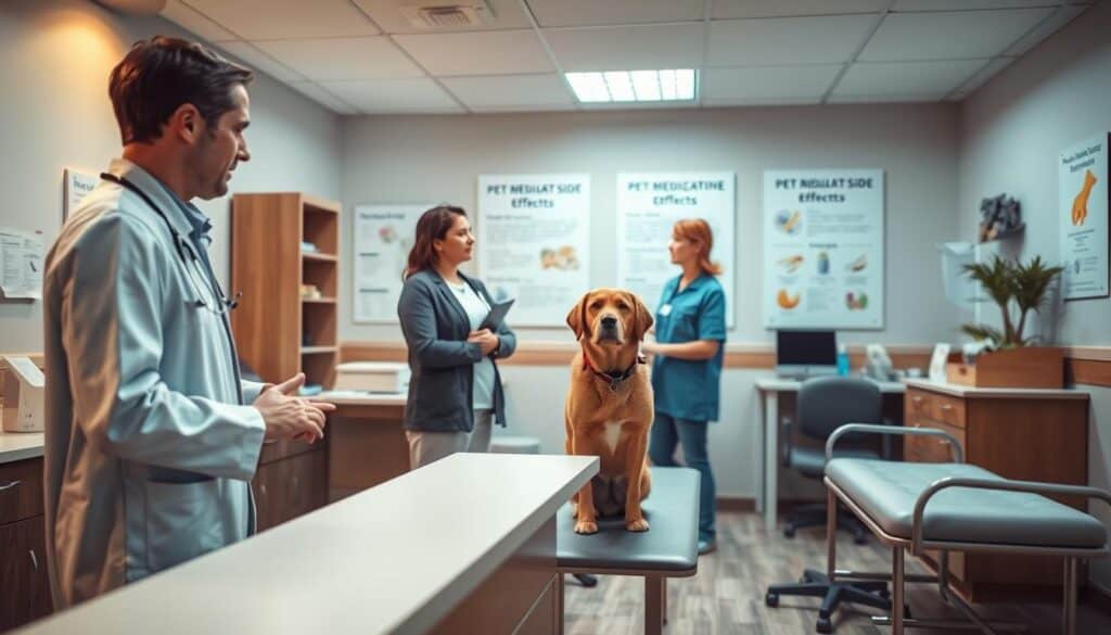 A modern, well-lit veterinary office interior with a doctor's desk and examination table in the foreground. In the middle ground, a concerned pet owner is discussing their dog's health with the veterinarian. The background features informative posters and diagrams about pet medication side effects. Soft, warm lighting creates a comforting atmosphere, and the overall scene conveys a sense of professional medical care and guidance for the dog owner.