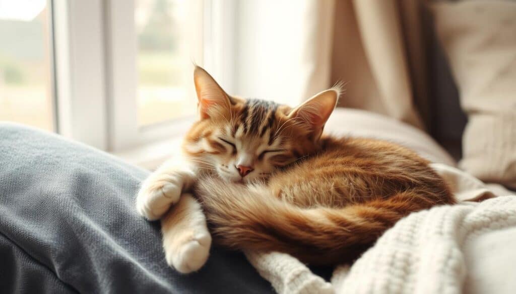 A serene domestic scene unfolds as a content cat lounges on a person's lap, basking in the warmth and affection. The feline's eyes are half-closed, its expression one of pure relaxation, as it nestles into the soft, inviting fabric of the person's clothing. Soft, diffused lighting from a nearby window gently illuminates the cozy, intimate moment, creating a tranquil, homely atmosphere. The cat's fluffy tail curls around the person's leg, further emphasizing the sense of comfort and security the lap provides. In the background, subtle details like a plush cushion or a cozy throw blanket suggest a comfortable, relaxing setting where the cat feels safe and content to indulge in its favorite pastime - napping on its human's lap.