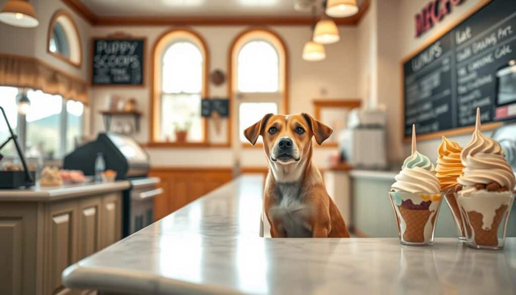 A serene ice cream parlor, the counter adorned with tempting dog-friendly treats. In the foreground, a mischievous pup sits patiently, its eyes fixated on the colorful, frozen delights. The background showcases a cozy, well-lit interior, with warm wooden accents and a chalkboard menu highlighting the "Puppy Scoops" selection. Soft, natural lighting filters through the windows, creating a welcoming atmosphere. The scene conveys a sense of indulgence and the joyful experience of shared treats between human and canine companions. Elegant, high-resolution photography captures the moment, inviting the viewer to consider the possibility of purchasing dog ice cream with food stamps.