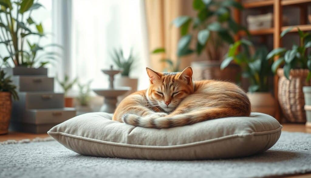A serene indoor scene depicting a cat relaxing on a plush cushion, surrounded by calming elements to reduce stress and anxiety. The cat is curled up comfortably, eyes half-closed, with a peaceful expression. Soft, diffused lighting illuminates the scene, creating a soothing atmosphere. In the background, potted plants, a small water fountain, and natural textures like woven baskets or wooden shelves contribute to the calming ambiance. The composition is balanced, with the cat as the focal point, inviting the viewer to share in the cat's sense of tranquility and relaxation.