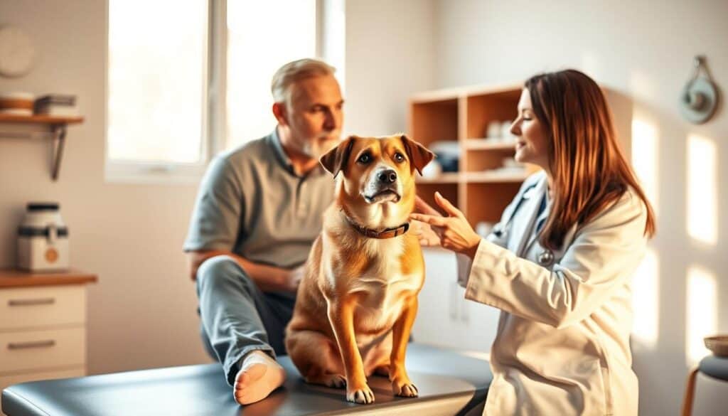 A tranquil and well-lit veterinary clinic interior, with a focus on a dog owner sitting on an examination table, intently listening to a veterinarian explaining the benefits of using urinary acidifiers. The dog, a friendly and alert canine, sits next to the owner, conveying a sense of trust and understanding. The scene is bathed in warm, natural lighting, creating a calming and reassuring atmosphere. The veterinarian's body language and facial expression exude professionalism and care, emphasizing the importance of maintaining a pet's urinary health. The overall composition is balanced and inviting, drawing the viewer's attention to the central narrative of the image.