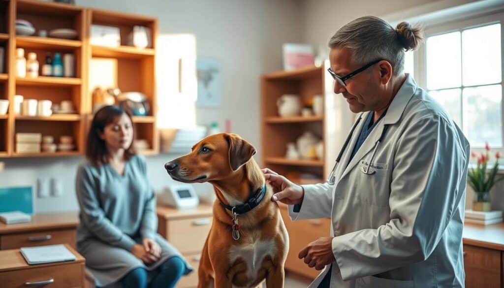 A veterinarian's office, warm and inviting, with a wooden desk and shelves filled with medical supplies. In the foreground, a veterinarian in a white coat examines a dog, gently palpating its abdomen while making notes. The dog's owner looks on, their expression attentive and concerned. Soft, natural lighting filters through the windows, casting a gentle glow on the scene. The room has a sense of professionalism and care, reflecting the veterinarian's expertise in promoting the pet's urinary health.