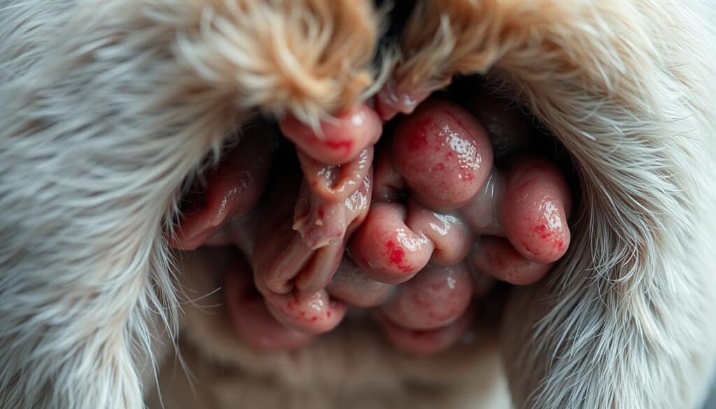 Detailed, high-resolution close-up image of a dog's anus, showing clear signs of inflammation, swelling, and irritation indicative of anal problems. The dog's fur should be partially shaved to reveal the affected area. The lighting should be soft and diffuse, highlighting the textural details. The composition should focus tightly on the problem area, with a shallow depth of field to create a sense of clinical examination. The overall mood should convey a sense of careful medical observation, without being overly graphic or disturbing.