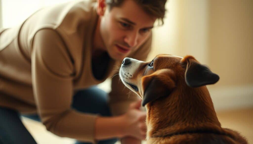 Tracking Dog Behavior: A cinematic shot of a pet owner closely observing their dog's movements and expressions. The dog is positioned in the foreground, alert and focused, with its head tilted as if responding to a sound or command. The owner is in the middle ground, leaning forward with a concerned yet attentive expression, their hands resting gently on the dog's back. The background is softly blurred, creating a sense of intimacy and concentration. The lighting is natural, with warm hues casting a soothing glow on the scene. The overall atmosphere conveys a caring, investigative mood as the owner closely monitors their canine companion's well-being.