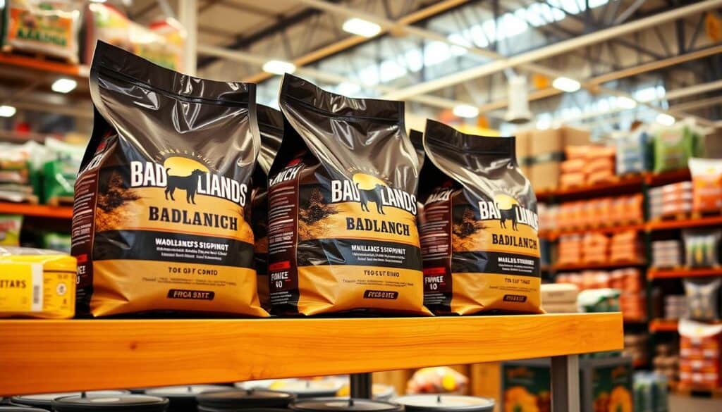 Wholesale Badlands Ranch dog food displayed on wooden shelves in a bright, airy wholesale club setting. The bags are prominently featured, showcasing the brand's rugged, natural design. The lighting is warm and diffused, casting a soft glow over the scene. The background is filled with other bulk food and pet supply products, creating a sense of a well-stocked, high-quality wholesale environment. The overall mood is one of abundance, quality, and a focus on healthy, natural pet nutrition.