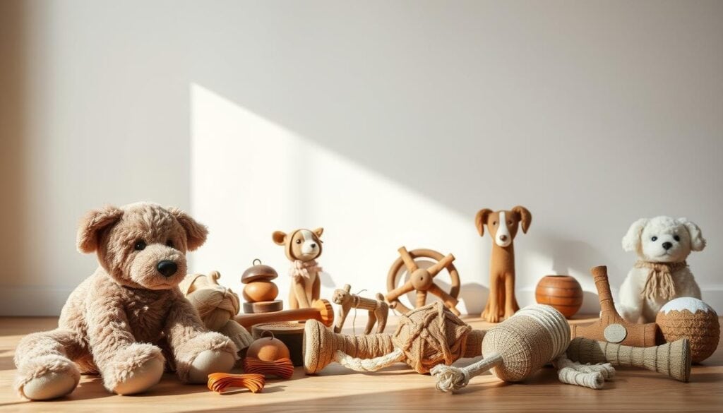 A beautifully curated display of rare dog toys, showcased in soft, natural lighting. In the foreground, a selection of handcrafted, one-of-a-kind plush toys in muted, earthy tones. The middle ground features a mix of premium chew toys and interactive puzzles, each with intricate designs and premium materials. In the background, a serene, minimalist backdrop that allows the toys to take center stage, conveying a sense of luxury and exclusivity. The overall composition strikes a balance between elegance and playfulness, inviting the viewer to imagine the joy and delight these unique toys would bring to a beloved canine companion.