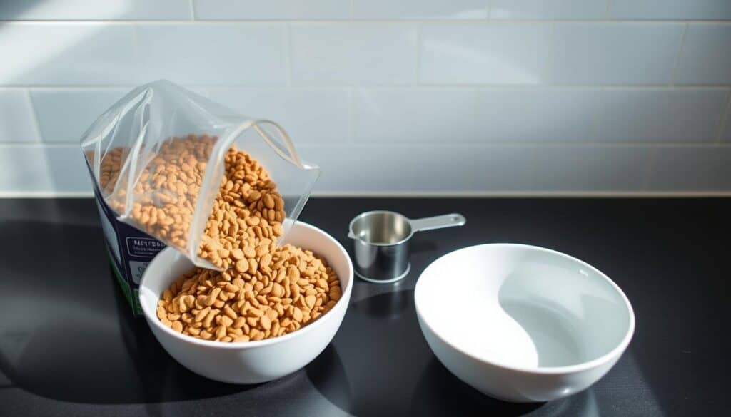A calm, well-lit kitchen counter with an open bag of dry dog food, a measuring cup, and a bowl placed side-by-side. The dog food spills gracefully from the bag into the bowl, creating a smooth transition between the two. The lighting is soft and natural, creating subtle shadows and highlights that emphasize the texture and color of the dog food. The camera angle is slightly elevated, giving a birds-eye view of the scene. The overall mood is one of thoughtful preparation and care, reflecting the article's focus on transitioning a dog to a new food.