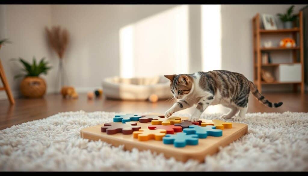 A cheerful, well-lit cat puzzle toy, crafted from smooth, colorful wood pieces. The toy is placed on a soft, plush mat in the foreground, with a warm, natural light casting a gentle glow. The puzzle pieces are arranged in an inviting, interactive pattern, encouraging the cat to bat, paw, and explore. In the middle ground, a cozy cat bed and a few toys create a comfortable, feline-friendly environment. The background features a minimalist, neutral-toned room, allowing the focus to remain on the engaging puzzle toy and the cat's playful interaction with it.