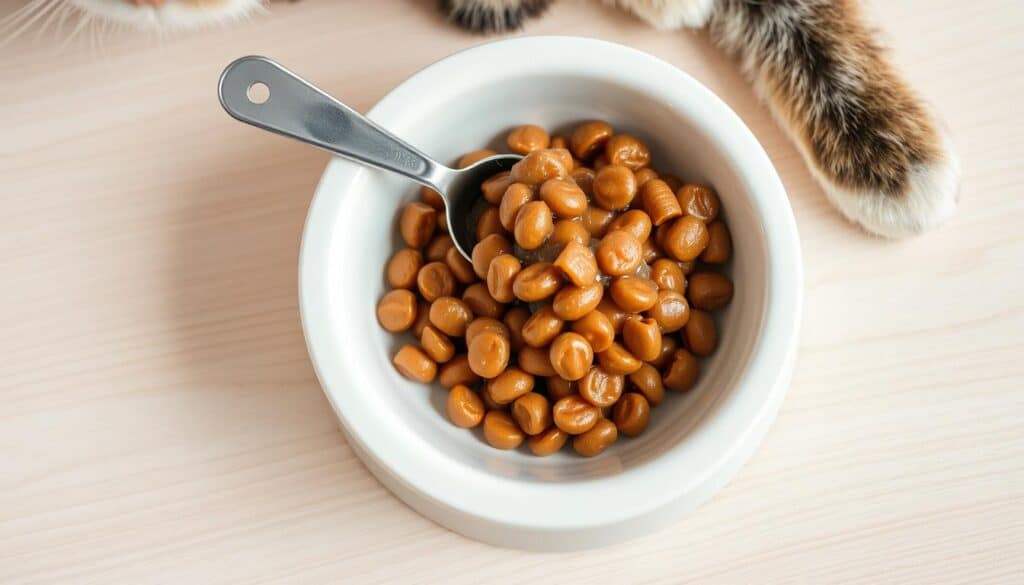 A close-up shot of a cat's food bowl filled with a generous portion of wet cat food, with a measuring cup or spoon placed next to it. The bowl is set on a clean, textured surface, such as a wooden table or countertop, with a neutral background that allows the food and dish to be the focal point. The lighting is soft and natural, highlighting the moist, appetizing appearance of the wet food. The overall composition conveys a sense of simplicity and practicality, providing a clear visual representation of the appropriate amount of wet food to feed a cat.