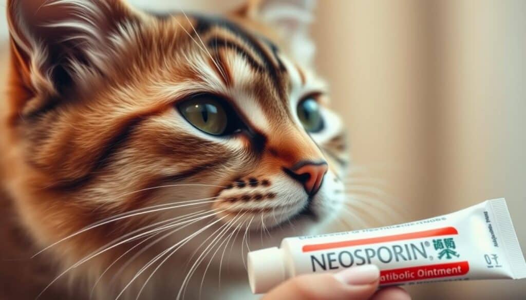 A close-up shot of a curious cat's face, its whiskers and fur detailed, as it examines a tube of Neosporin antibiotic ointment. The image is captured in soft, natural lighting with a shallow depth of field, putting the focus on the cat's expression. The background is blurred, creating a serene, contemplative atmosphere. The overall mood conveys the cat's cautious interest in the unfamiliar object, inviting the viewer to consider the safety and appropriateness of using Neosporin on feline companions.