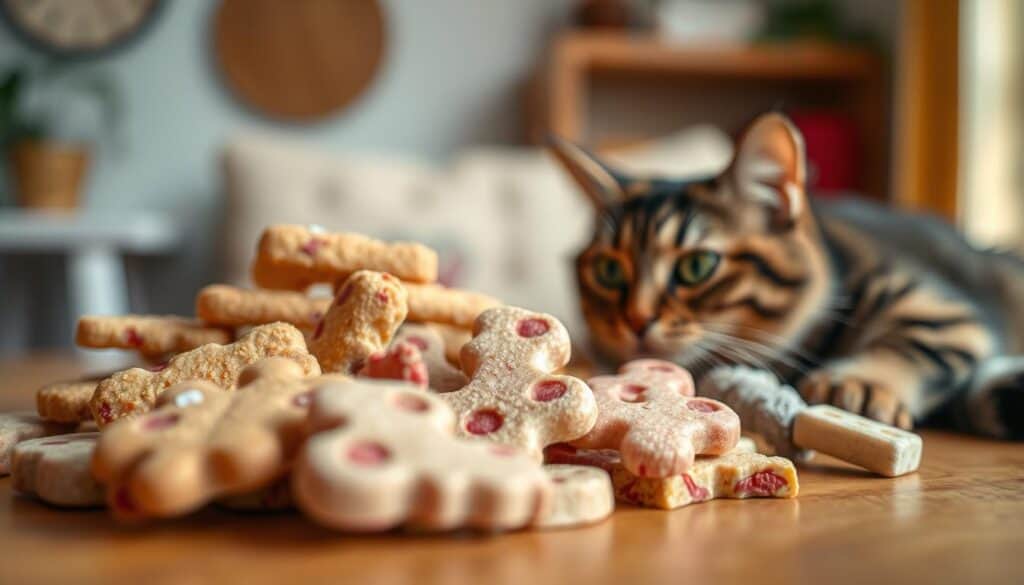 A close-up shot of an assortment of lickable cat treats, artfully arranged on a wooden surface. The treats, in various flavors and textures, are presented in a visually appealing manner, with a soft, natural lighting illuminating their vibrant colors and enticing textures. The treats are positioned in the foreground, drawing the viewer's attention, while a blurred background suggests a cozy, domestic setting. The overall composition and lighting create a warm, inviting atmosphere that captures the essence of "Tasty Lickable Cat Treats: A Treat Your Cat Can't Resist."