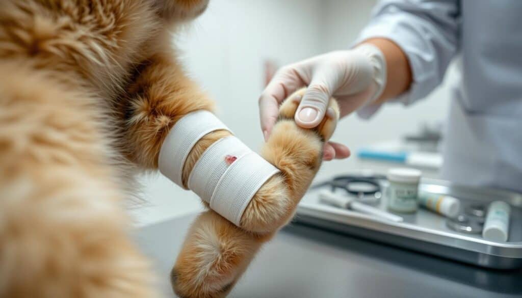 A close-up view of a cat's paw, gently being bandaged with care. The foreground shows the cat's furry leg and the deft hands of a veterinarian carefully wrapping a clean white bandage around a small, reddened wound. The middle ground reveals a sterile medical tray with ointment tubes, scissors, and other supplies. The background is a softly blurred veterinary examination room, with clean white walls and the faint glow of medical lighting. The scene conveys a sense of attentive, gentle treatment, with the cat's well-being as the top priority.
