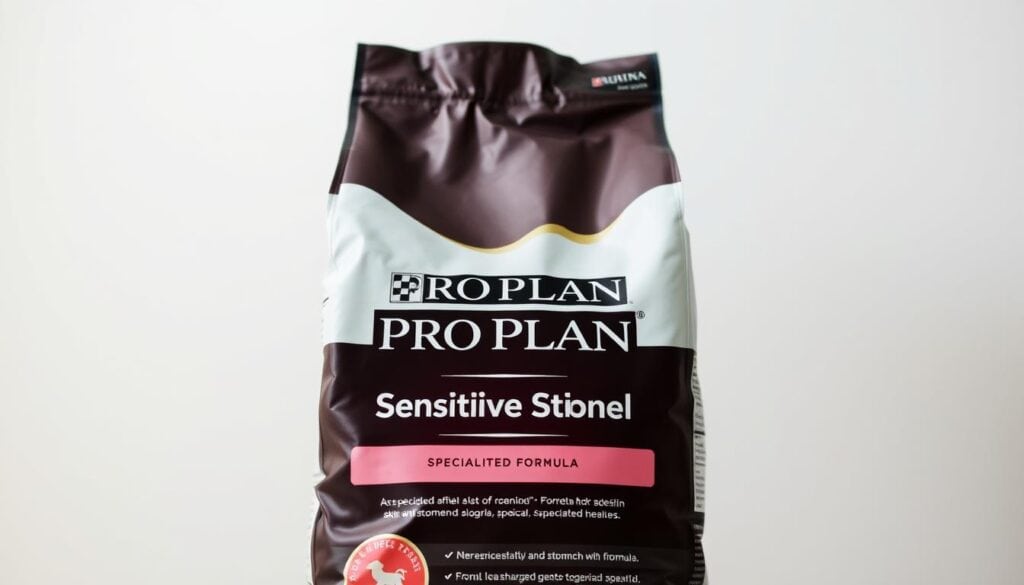 A closeup photograph of a bag of Purina Pro Plan Sensitive Skin & Stomach dog food, shot against a clean, neutral background with soft, even lighting. The bag features the brand's logo and product name prominently displayed, with a clear view of the specialized formula details. The image has a crisp, high-resolution quality, showcasing the package design and color scheme. The focus is sharp, drawing the viewer's attention to the key information about the targeted sensitive skin and stomach formula. The overall mood is professional, informative and designed to visually support the article's section on specialized dog food offerings.