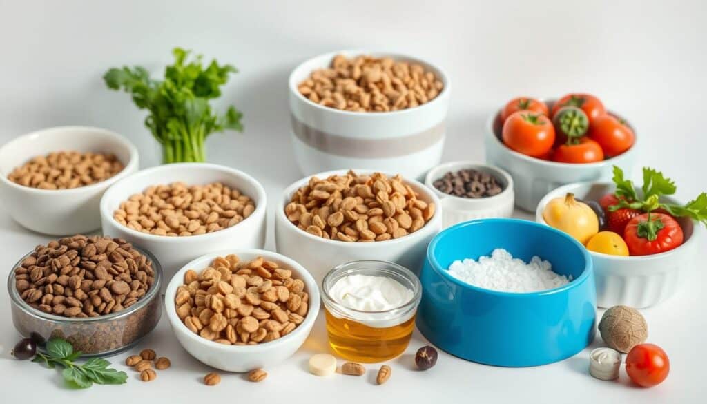 A closeup shot of a variety of dog food bowls and ingredients against a clean, minimalist background. The bowls contain different types of dry kibble, along with fresh vegetables, fruits, and supplements. The lighting is soft and diffused, with a gentle shadow play that highlights the textures and colors of the foods. The overall composition conveys a sense of nourishment, balance, and care for a dog's dietary needs, especially those with skin allergies.