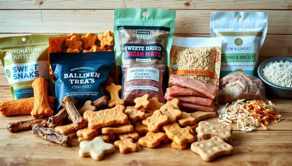 A collection of various hypoallergenic dog treats arranged on a wooden surface. In the foreground, an assortment of colorful and wholesome snacks, such as sweet potato chews, freeze-dried organ meats, and grain-free biscuits. In the middle ground, a selection of dehydrated meat strips and fish-based treats. In the background, a variety of natural, low-allergen ingredients like pumpkin, quinoa, and coconut shreds. The lighting is soft and natural, emphasizing the quality and texture of the treats. The overall scene conveys a sense of healthfulness, simplicity, and care for a dog's dietary needs.