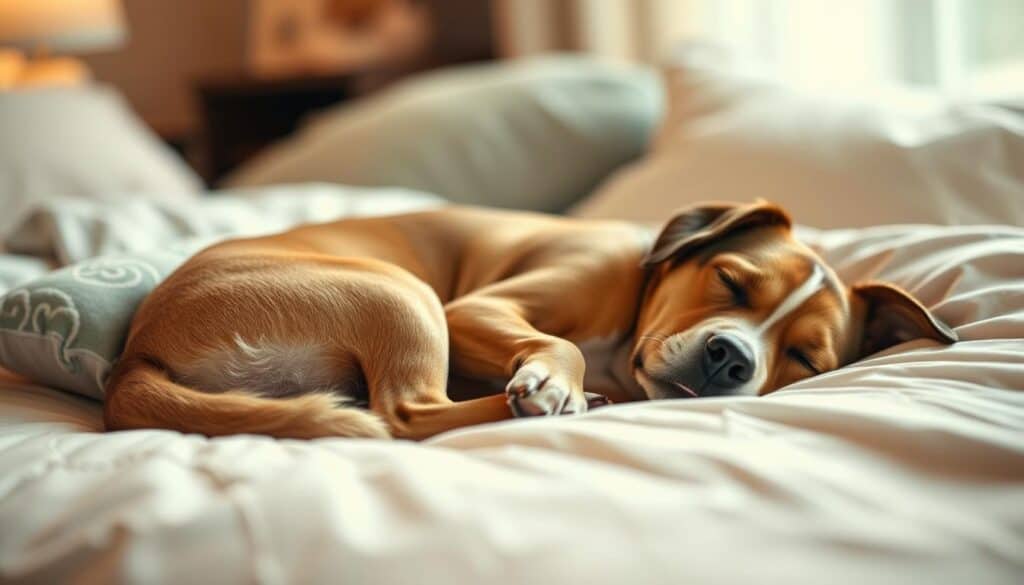 A cozy bedroom scene with a peaceful dog resting on a soft, plush bed. The dog's posture and positioning suggest a state of relaxation and contentment, with its body curled up and its head resting on a plush pillow. The lighting is warm and gentle, creating a soothing atmosphere. The background is softly blurred, with subtle details that add to the overall tranquility of the scene. The dog's expression conveys a sense of well-being, indicating that it is in a healthy, rested state. The image captures the importance of a dog's sleeping position as a reflection of its overall health and wellness.