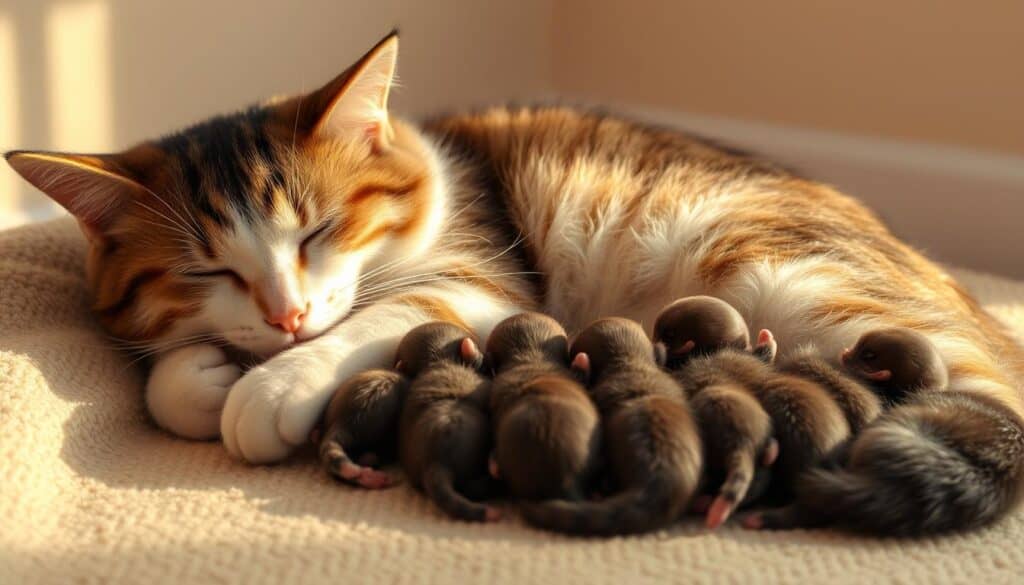 A cozy cat napping with a litter of newborn kittens curled up beside her. The scene is bathed in warm, soft lighting, casting a gentle glow on the mother cat's relaxed expression and the tiny, fluffy bodies of her nursing offspring. The kittens are arranged in a natural, organic composition, varying in size and color, showcasing the typical range found in a single litter. The backdrop is a simple, uncluttered room, allowing the focus to remain on the intimate moment between the cat and her young. The overall atmosphere evokes a sense of domestic tranquility and the beauty of the natural feline family dynamic.