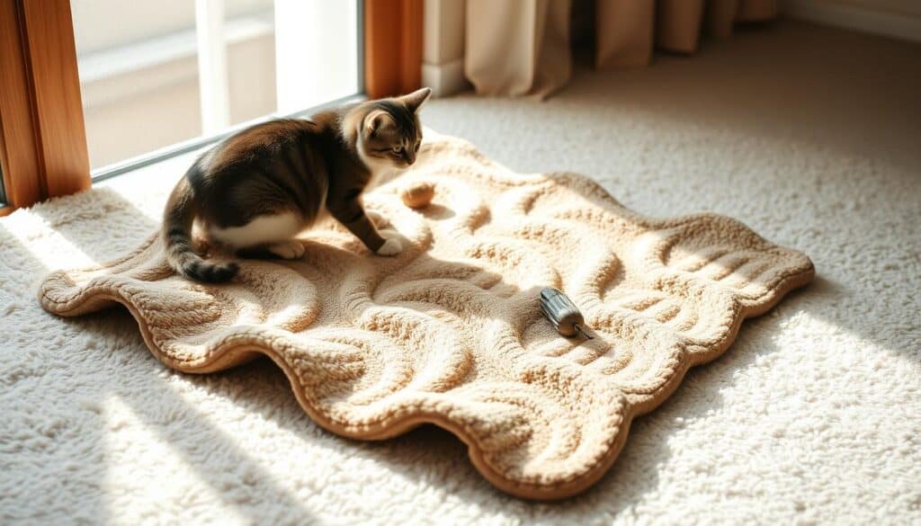 A cozy, inviting ripple rug for cats, its playful wavy texture inviting feline exploration. The rug sits atop a soft, plush surface, its neutral tones blending seamlessly with a warm, natural-lit environment. Sunlight filters in through a nearby window, casting gentle shadows that highlight the rug's undulating contours. The rug's surface is covered in high-quality, durable material, ready to withstand the energetic scratching and rolling of curious cats. An enticing toy or treat sits nearby, beckoning the cat to interact with the engaging, interactive surface. The scene radiates a sense of comfort and interactive potential, making it the perfect centerpiece for a cat's playtime.