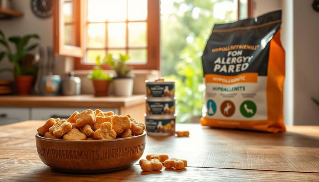 A cozy kitchen interior with a wooden table, a bowl of fresh dog treats, and an open window overlooking a lush garden. Soft, natural lighting filters through the window, creating a warm, inviting atmosphere. In the foreground, the dog treats are prominently displayed, their hypoallergenic ingredients highlighted by the gentle illumination. The middle ground features a stack of dog food cans and a bag of high-quality dog food, emphasizing the healthy and allergy-friendly options available. The background showcases the verdant garden, symbolizing the importance of natural, wholesome ingredients for canine companions. The overall scene conveys a sense of care, well-being, and the thoughtful selection of hypoallergenic snacks for a beloved pet.