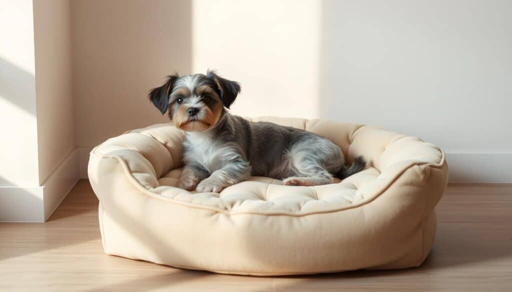 A cozy small dog bed with a plush, tufted cushion in a soft neutral tone. The bed is set against a minimalist background, with subtle shadows and warm lighting creating a soothing, inviting atmosphere. The bed features a low profile design, suitable for easy access, and has a raised edge to provide a sense of security and comfort for the pup. The overall composition highlights the key features of a well-designed small dog bed, showcasing its comfort, durability, and adaptability to a variety of interior styles.