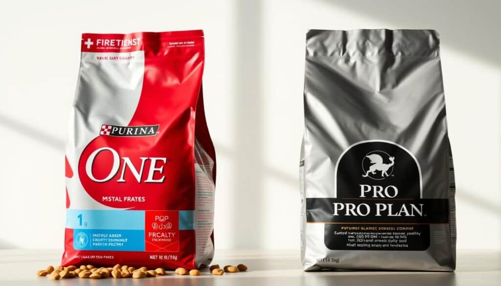 A crisp, detailed comparison of two prominent dog food brands, Purina One and Pro Plan, set against a clean, minimalist background. The products are displayed side-by-side, illuminated by soft, natural lighting that highlights their textures and colors. The focus is sharp, drawing the viewer's attention to the visual differences between the kibble, packaging, and branding. The overall mood is one of informative clarity, inviting the viewer to closely examine and compare the two options. The composition is well-balanced, with a sense of visual harmony that complements the subject matter.
