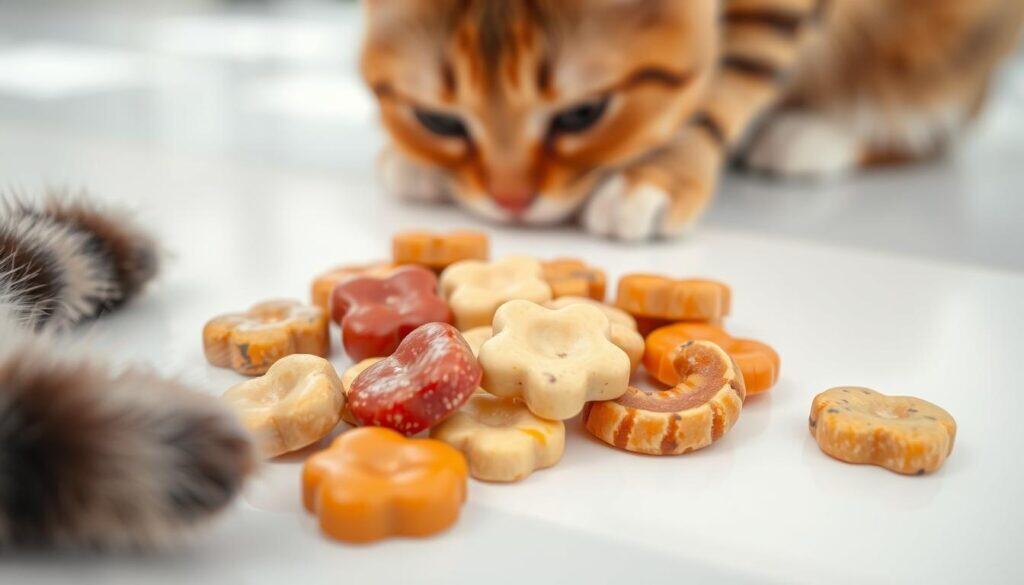A delicate arrangement of lickable cat treats, carefully presented on a clean white surface. The treats, in various appealing flavors and textures, are artfully arranged to create an inviting display. Soft, natural lighting illuminates the scene, highlighting the treats' vibrant colors and glossy surfaces. The camera is positioned at a low angle, capturing the treats from an angle that makes them appear irresistible to curious feline eyes. The overall mood is one of temptation and indulgence, perfectly suited to showcase these healthy and tasty snacks for cats.