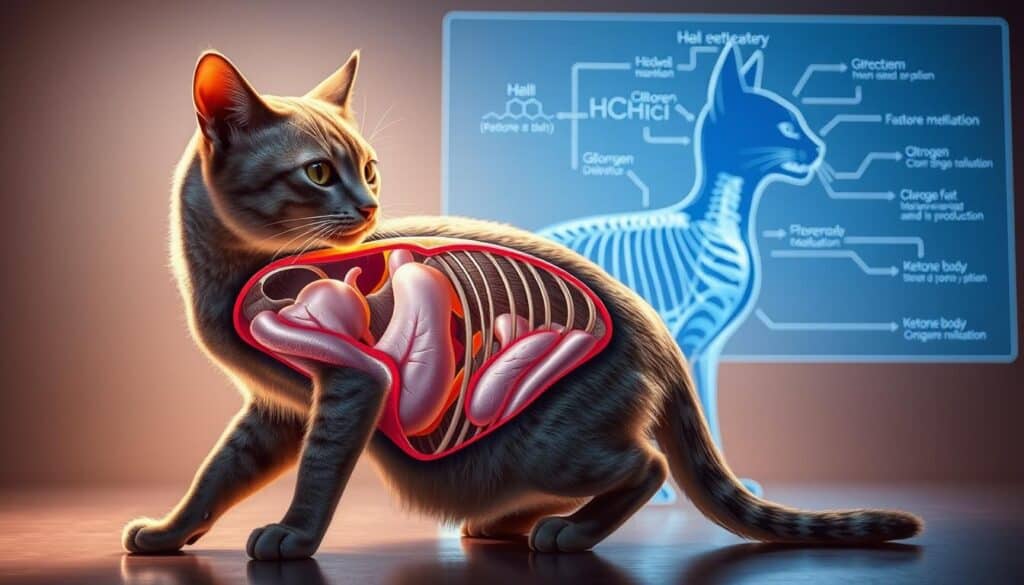 A detailed anatomical illustration depicting the metabolic changes occurring in a cat's body when it stops eating. In the foreground, a cross-section of a cat's torso reveals the internal organs, with highlighted areas showing increased fat mobilization, glycogen depletion, and ketone body production. The middle ground features a profile view of the cat, its ribs becoming more prominent as it loses weight. In the background, a subtle blue-tinted schematic diagram outlines the biochemical pathways involved in the fasting response, with arrows and labels indicating the key metabolic shifts. The scene is lit with a warm, soft light, creating a clinical yet visually engaging atmosphere.
