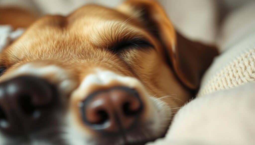 A detailed, close-up view of a dog's face during REM sleep, with its eyes rapidly moving beneath closed eyelids. The dog's expression is relaxed and peaceful, indicating a deep, restorative sleep cycle. The lighting is soft and diffused, creating a dreamlike atmosphere. The background is blurred, with subtle hints of a cozy, comfortable sleeping environment, such as a plush bed or soft blanket. The image captures the essence of why dogs require more sleep than humans, with their sleep cycles being more intense and vital for their overall health and well-being.