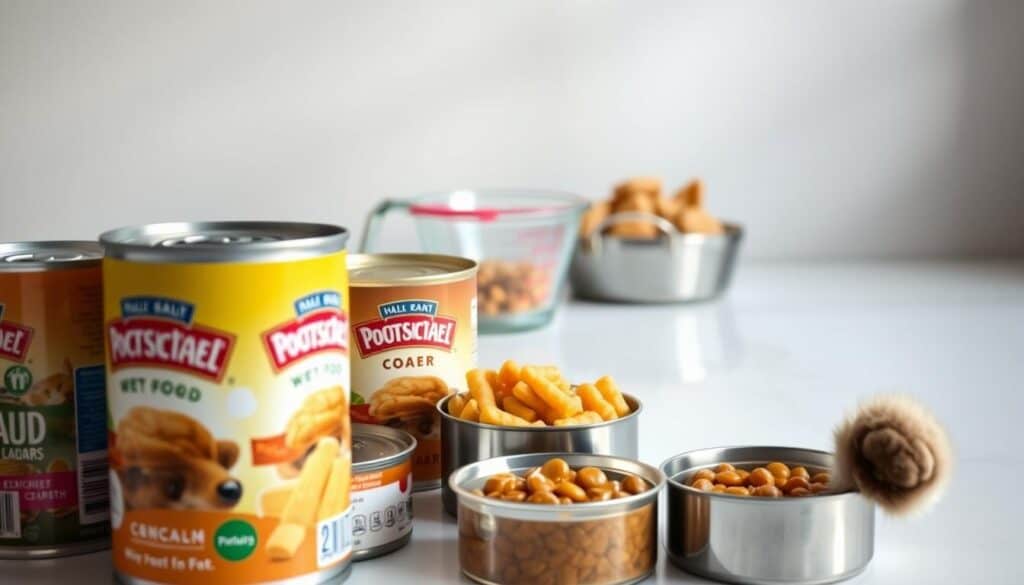 A detailed photograph of various factors influencing a cat's wet food diet, captured in a clean, clinical style. In the foreground, an array of different wet food cans, displaying varied flavors, textures, and ingredients. In the middle ground, a measuring cup, a food bowl, and a cat's paw, highlighting portion control and individual dietary needs. The background features a sleek, minimalist surface, with subtle lighting accentuating the composition. The overall mood is informative and educational, conveying the key elements that affect a cat's wet food intake.