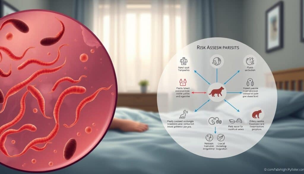 A detailed, technical illustration depicting the risk assessment of parasite transmission from a cat sleeping in a human's bed. In the foreground, a microscopic view of parasitic worms and eggs, rendered with precision and clarity. In the middle ground, a stylized diagram showcasing the potential pathways of transmission, using clean, informative iconography. The background features a serene bedroom scene, with muted lighting and a subtle color palette to convey a sense of domestic tranquility contrasted with the underlying medical concerns. The overall composition strikes a balance between scientific rigor and visual appeal, effectively communicating the key concepts of the topic.