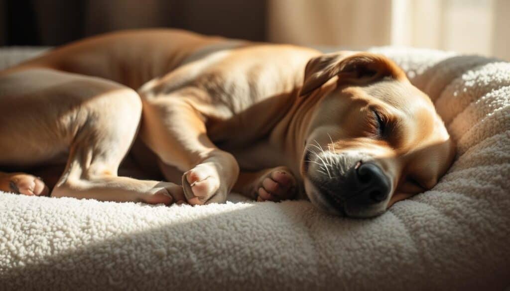 A domestic dog peacefully sleeping on its side, nestled comfortably on a soft, plush surface. The canine's body is relaxed, with one leg slightly bent, suggesting a state of deep rest and restoration. Gentle shadows cast by a warm, diffused light accentuate the contours of the animal's form, creating a soothing, cozy atmosphere. The background is subtly blurred, allowing the viewer's focus to remain on the dog's calming, side-sleeping posture, which conveys a sense of tranquility and respite.