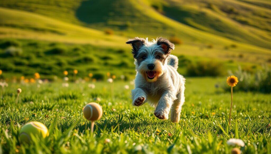 A dynamic Bedlington Terrier puppy playfully racing through a sun-dappled meadow, its fluffy, curly coat catching the light. In the foreground, a tossed tennis ball and chew toy hint at the pup's boundless energy. The midground features a rolling green landscape dotted with wildflowers, conveying the dog's need for ample space to run and explore. In the background, a gently sloping hill frames the scene, casting warm, golden afternoon shadows. The overall mood is one of joyful exuberance, capturing the active lifestyle essential for a healthy, happy Bedlington Terrier puppy. A dynamic Bedlington Terrier puppy playfully racing through a sun-dappled meadow, its fluffy, curly coat catching the light. In the foreground, a tossed tennis ball and chew toy hint at the pup's boundless energy. The midground features a rolling green landscape dotted with wildflowers, conveying the dog's need for ample space to run and explore. In the background, a gently sloping hill frames the scene, casting warm, golden afternoon shadows. The overall mood is one of joyful exuberance, capturing the active lifestyle essential for a healthy, happy Bedlington Terrier puppy.