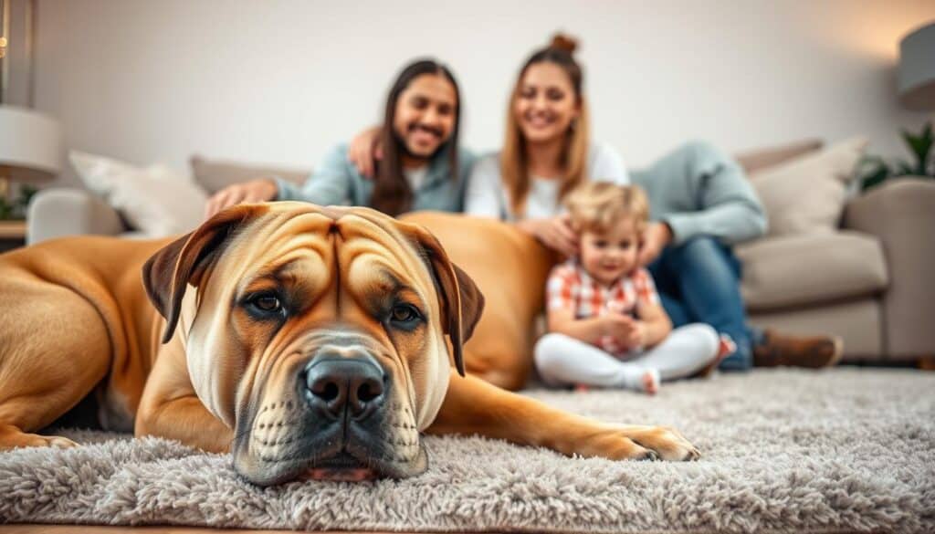 A gentle bullmastiff dog rests contentedly on a plush rug, surrounded by a loving family. In the foreground, the bullmastiff's large, muscular frame is accented by its soft, fawn-colored coat. The dog's expression is calm and attentive, its eyes filled with a quiet intelligence. In the middle ground, a young child sits cross-legged, petting the dog's head affectionately. The child's parents, a man and a woman, stand nearby, their expressions radiating warmth and affection. The background is a cozy, inviting living room, with soft lighting and plush furnishings, creating a sense of domestic tranquility. The overall scene conveys the deep bond between the bullmastiff and its human family, highlighting the breed's renowned gentle temperament and loyalty.