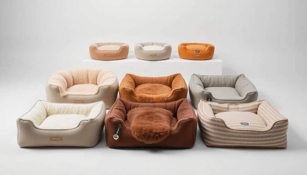 A high-quality product photo showcase of various small dog beds, shot in a clean, well-lit studio setting. Positioned in the foreground are several plush, cozy-looking beds in neutral tones and textures, such as memory foam, microfiber, and woven fabrics. The beds are arranged in a visually appealing, symmetrical layout, allowing the viewer to clearly see their distinct features and designs. The middle ground features a few additional bed options, showcasing a range of sizes=