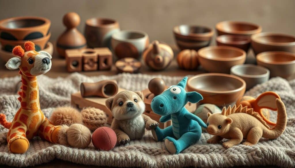 A high-quality, richly detailed image showcasing an assortment of rare and unique dog toys. In the foreground, an array of beautifully crafted plush toys in exotic animal shapes - such as a miniature giraffe, a playful otter, and a whimsical dragon - sit atop a soft, textured blanket. The middle ground features artisanal wooden toys, including a carved puzzle block and a spinning top with intricate designs. In the background, a collection of handmade ceramic bowls and dishes in muted earthy tones creates a soothing, natural ambiance. Warm, diffused lighting casts a gentle glow, highlighting the premium materials and expert craftsmanship of these rare beauty dog toys.