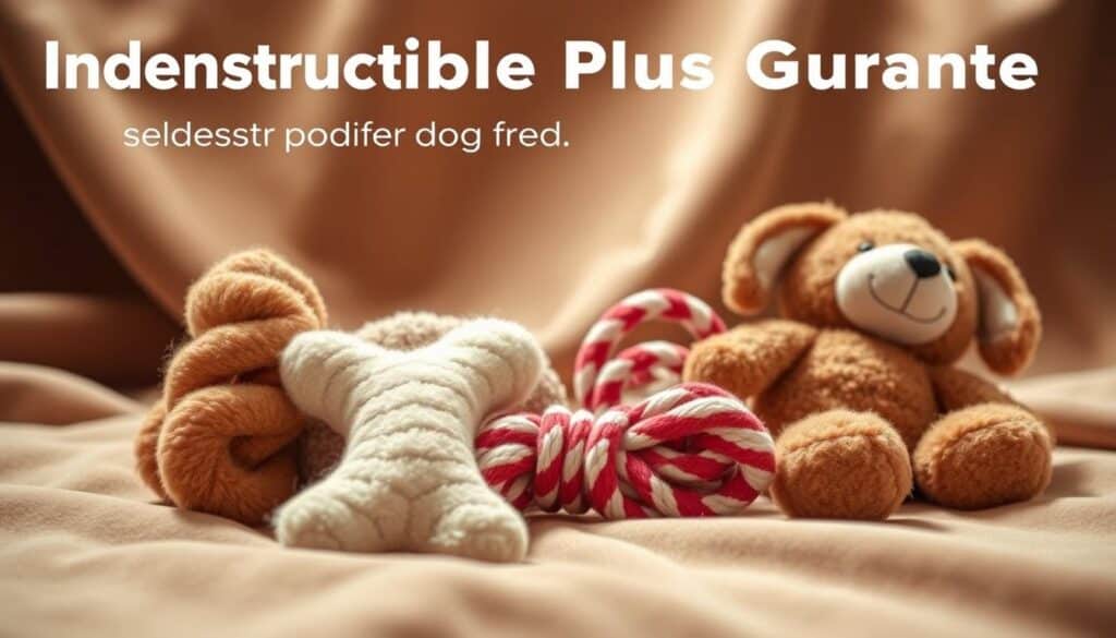 A highly detailed, photorealistic image of a set of indestructible plush dog toys with a lifetime guarantee. The toys are shown in the foreground, resting on a soft, luxurious fabric background. The plush toys are a variety of shapes and sizes=