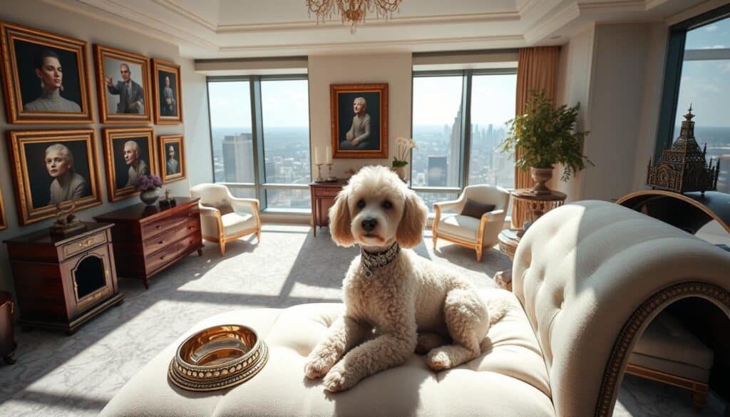 A lavish penthouse interior, sun-drenched and brimming with the accoutrements of luxury dog ownership. In the foreground, a well-groomed poodle lounges on a plush chaise, surrounded by designer accessories - a diamond-encrusted collar, a solid gold food bowl, and a bespoke doghouse with intricate woodwork. The middle ground showcases a wall of framed portraits, each capturing the poodle in various stages of pampered bliss. The background features floor-to-ceiling windows overlooking a bustling city skyline, hinting at the affluent lifestyle of the dog's owner. The scene exudes an air of exclusivity, sophistication, and the indulgent trends defining the world of high-end canine companions.