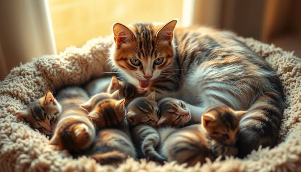 A litter of adorable kittens nestled in a cozy cat bed, bathed in warm, golden light. The mother cat watches over them protectively, her eyes filled with a maternal glow. The kittens are in various stages of growth, some nursing, others playfully tumbling about. The scene captures the wonder and joy of a cat's remarkable ability to produce multiple offspring throughout its lifetime, a testament to the resilience and fecundity of the feline species.