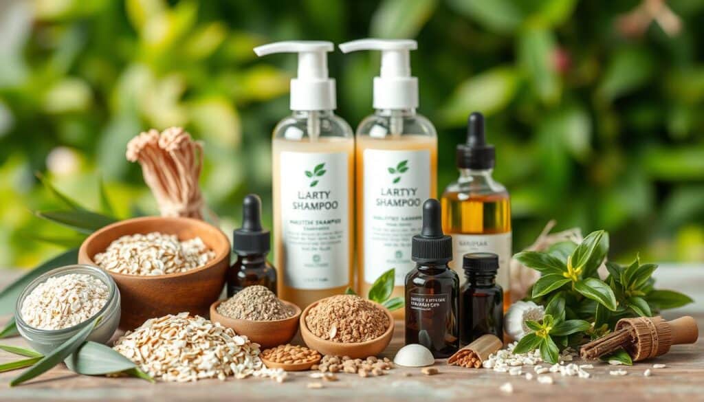 A neatly arranged assortment of natural, dermatologically-tested ingredients for a medicated dog shampoo. In the foreground, a variety of soothing botanicals like oatmeal, aloe vera, and chamomile, along with healing clays and essential oils. In the middle ground, bottles of the shampoo formulation, with a clean, minimalist label design. In the background, a soft, out-of-focus backdrop of lush greenery, suggesting a natural, spa-like setting. The overall mood is one of gentle care and effective relief for dogs with sensitive, allergy-prone skin.
