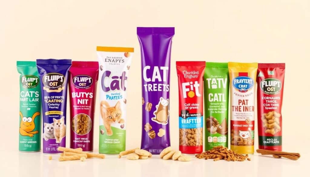 A neatly arranged display of the top cat treat brands packaged in attractive tubes, set against a soft, evenly lit background. The tubes are positioned at various angles, creating a visually appealing composition. The packaging features vibrant colors, playful graphics, and prominent brand names, showcasing the diverse and enticing options available for feline snacking. The overall scene exudes a sense of quality, indulgence, and a celebration of the joys of treating one's beloved feline companion.