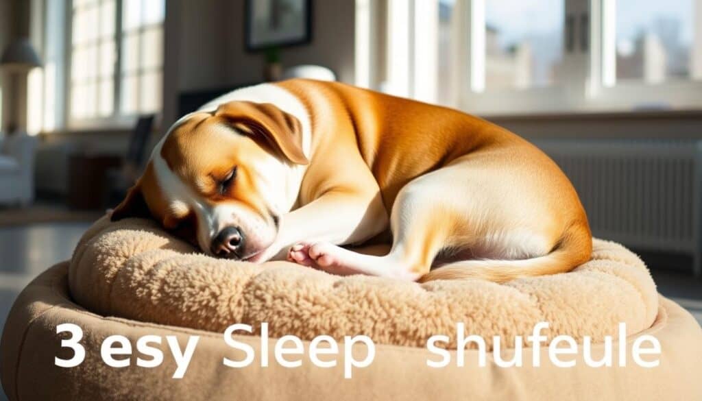 A peaceful, cozy dog sleeping soundly on a soft, plush dog bed in a sunlit room. The dog is curled up, its head resting on its front paws, with a serene expression. The room has warm, natural lighting filtering through large windows, creating a calming atmosphere. The background features neutral-toned walls and minimal decor, allowing the sleeping dog to be the focal point. The image conveys the basic, fundamental aspects of a dog's sleep schedule, with a sense of tranquility and simplicity.